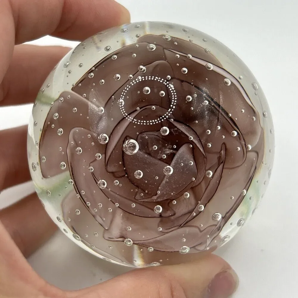 Vintage Round Art Glass Paperweight 3” Globe Orb Purple Flower Floral Bubbles